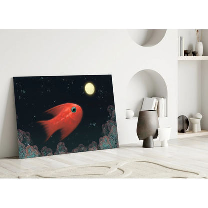Vibrant red fish in starry night sky on glowing yellow moon, modern black canvas wall art