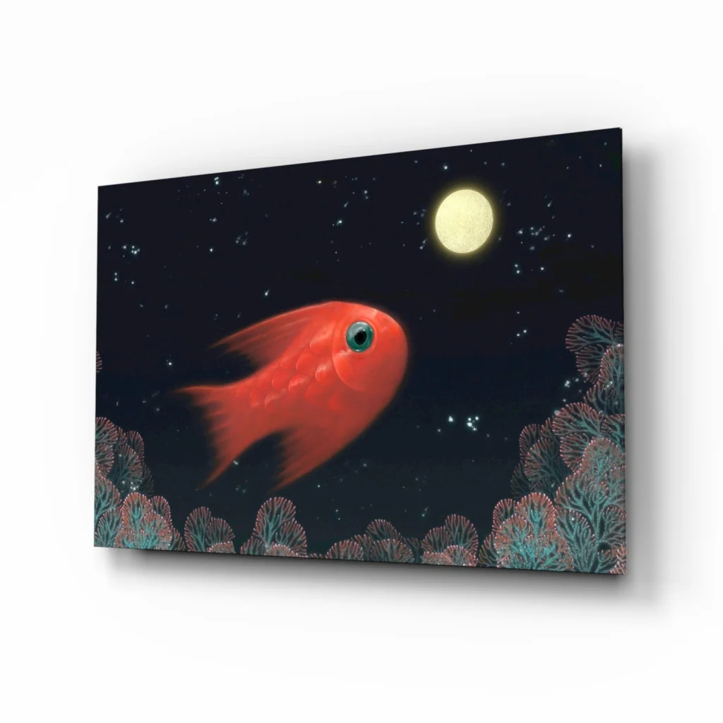 Vibrant red fish in starry night with moon, canvas wall art print