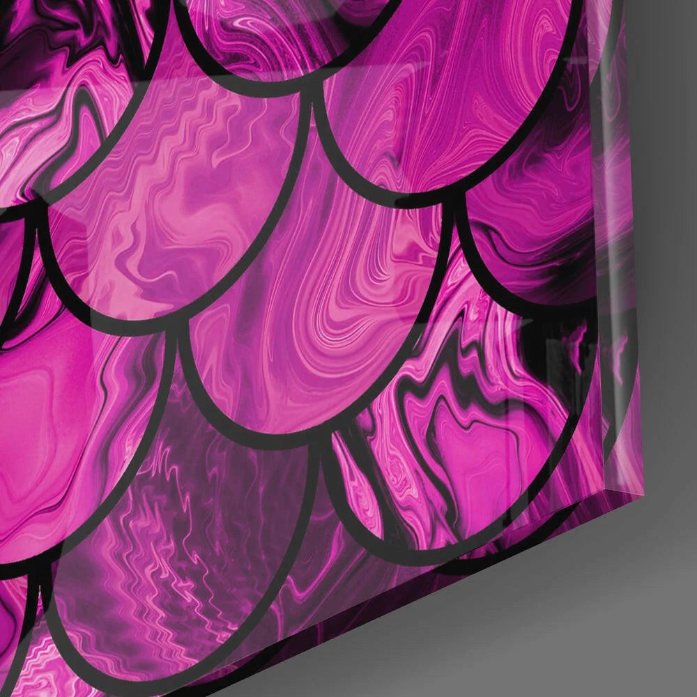 Vibrant pink purple marbled glass wall art with black mermaid scales