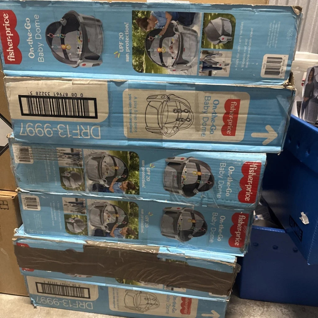 Stacked gray black Fisher-Price FTY02 portable dome boxes with canopy