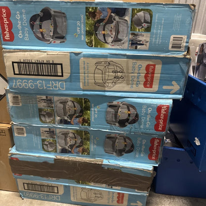 Stacked gray black Fisher-Price FTY02 portable dome boxes with canopy