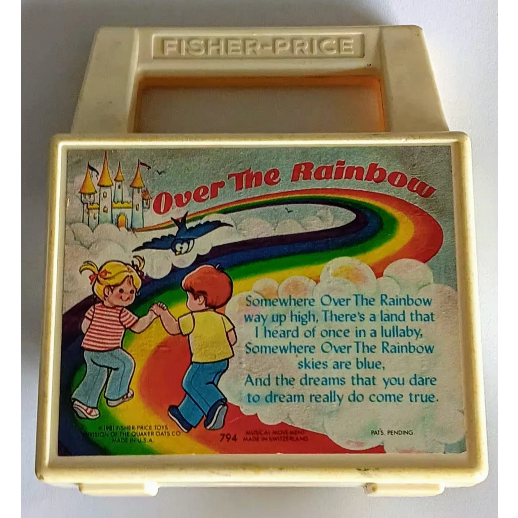Vintage Fisher Price rainbow music box toy with kids illustrations