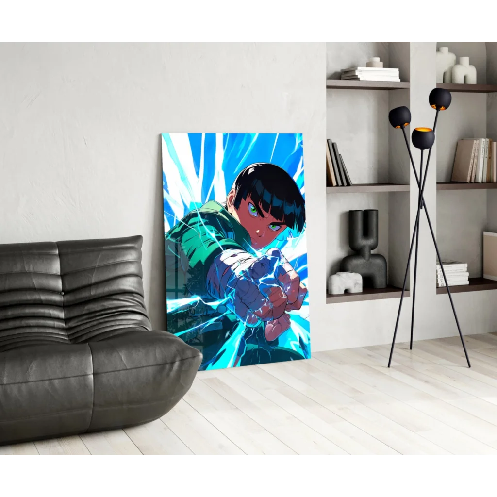 Vibrant anime glass wall art print of dynamic character with electric energy