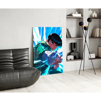 Vibrant anime glass wall art print of dynamic character with electric energy