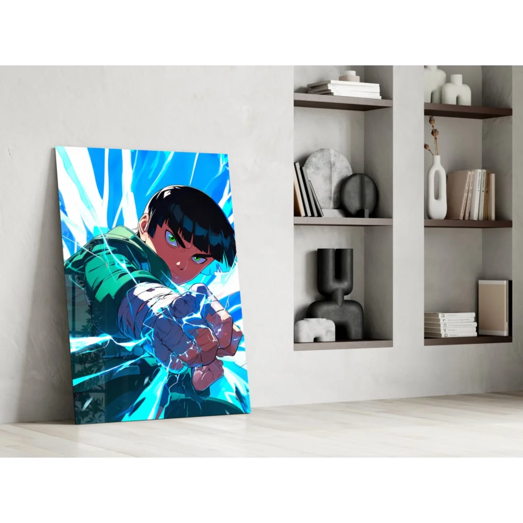 Vibrant anime boy in action on glass wall art with electric energy