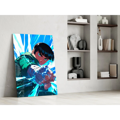 Vibrant anime boy in action on glass wall art with electric energy