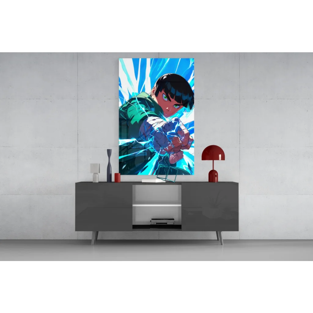 Vibrant anime character on glass wall art print with dynamic pose and glowing energy