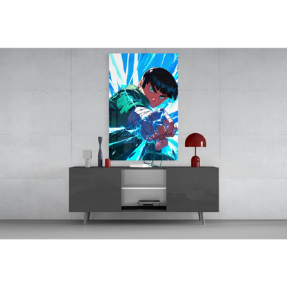 Vibrant anime character on glass wall art print with dynamic pose and glowing energy