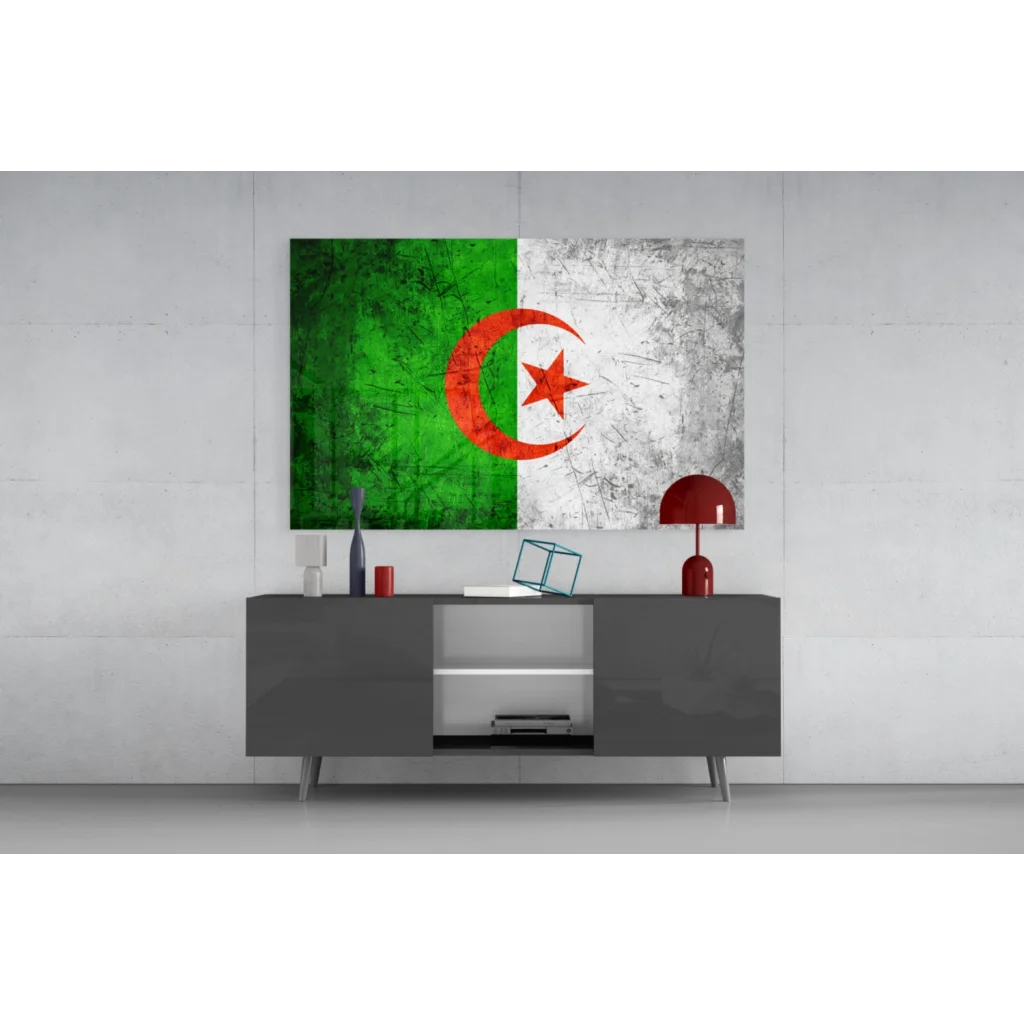 Distressed Algerian flag canvas wall art print with red crescent star