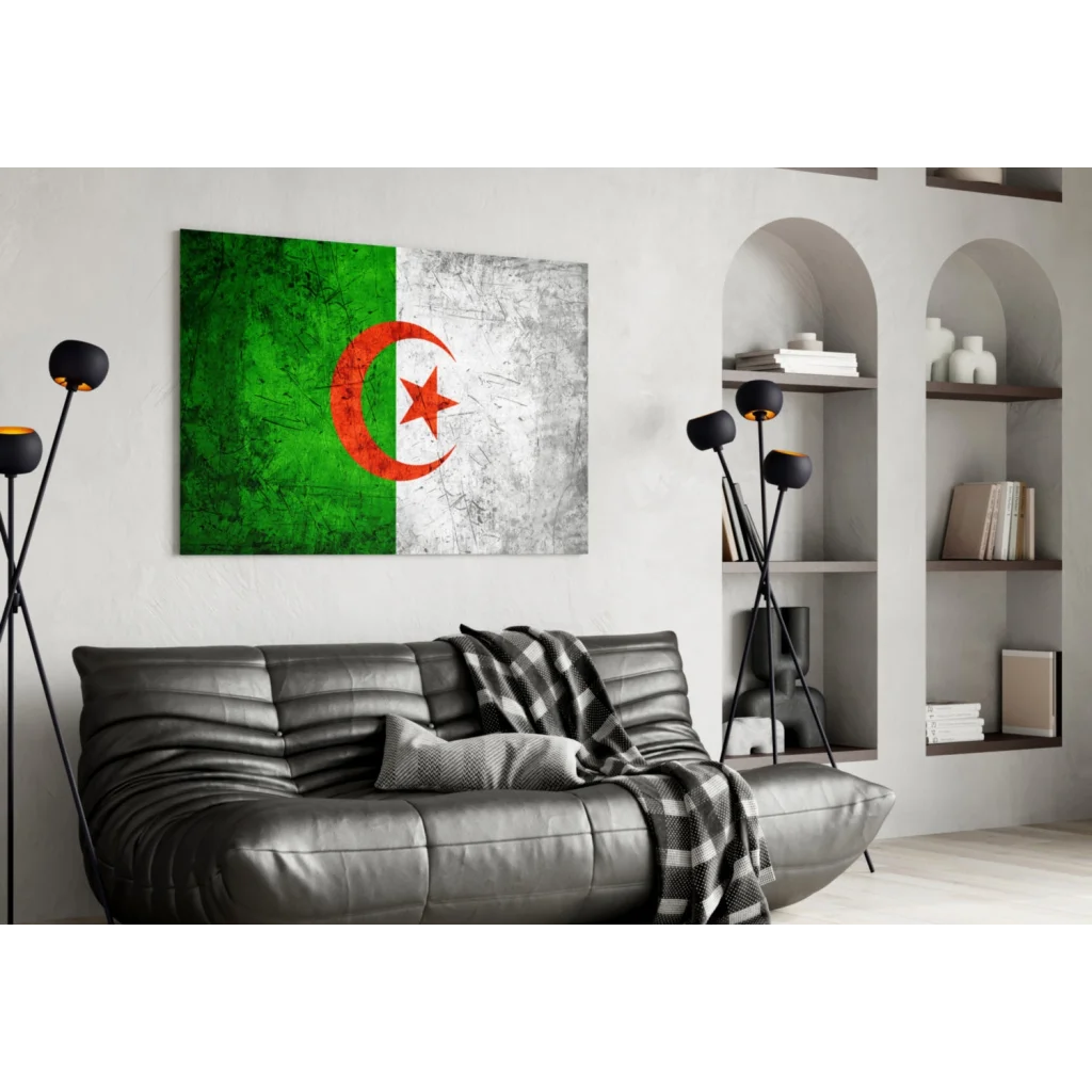 Distressed Algerian flag canvas wall art with textured green silver-gray surfaces red crescent star