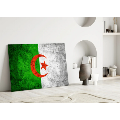 Distressed Algerian flag canvas wall art with green, silver-gray texture