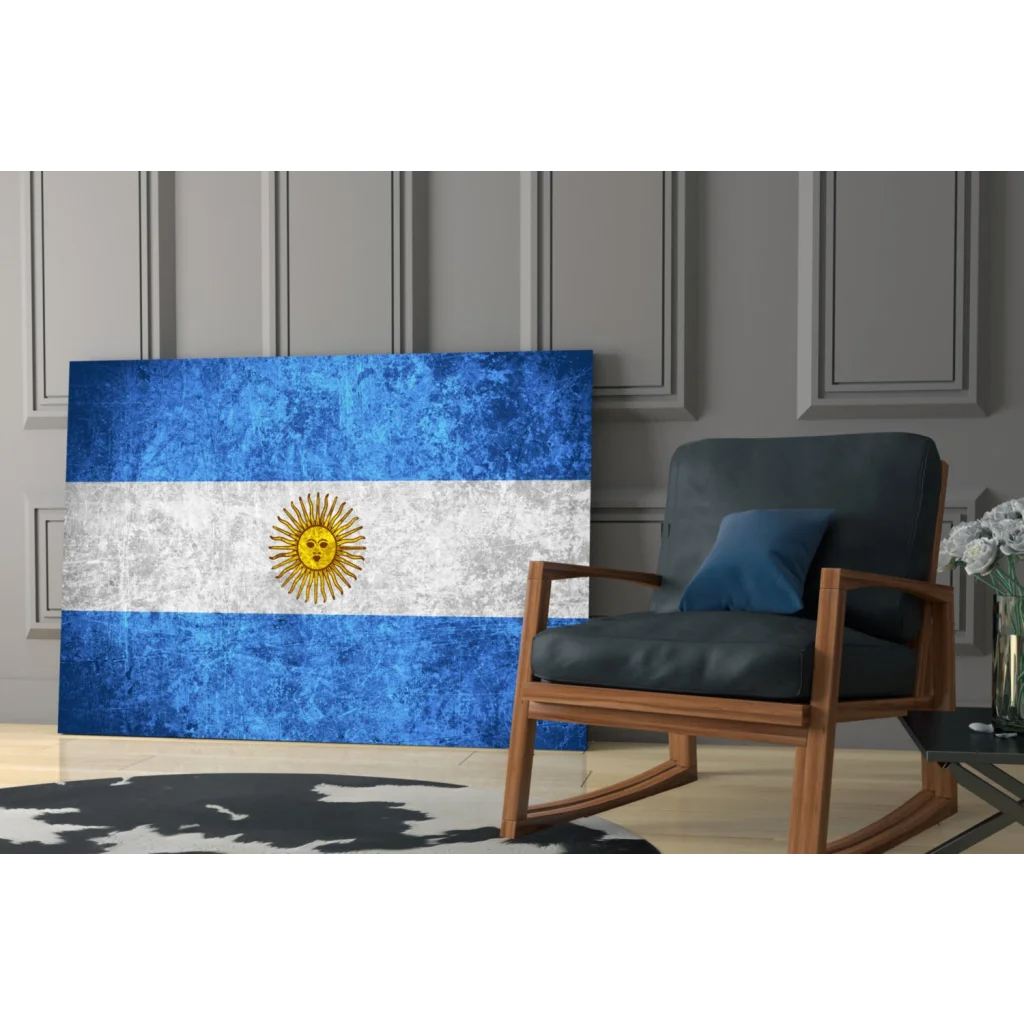 Distressed Argentine flag canvas wall art with textured blue and white stripes and golden sun