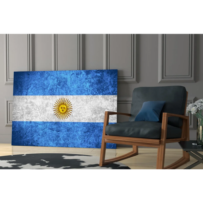 Distressed Argentine flag canvas wall art with textured blue and white stripes and golden sun