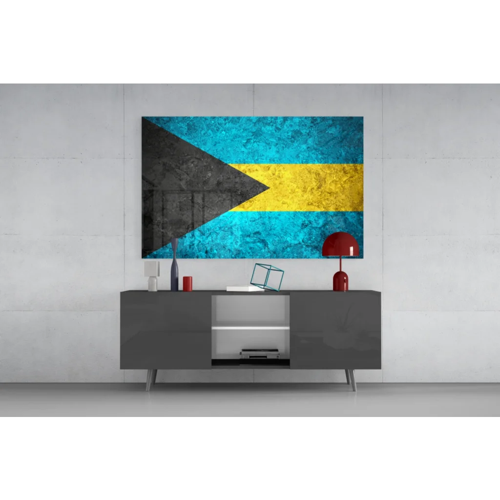 Vibrant Bahamas flag glass wall art with turquoise, gold, and black triangle