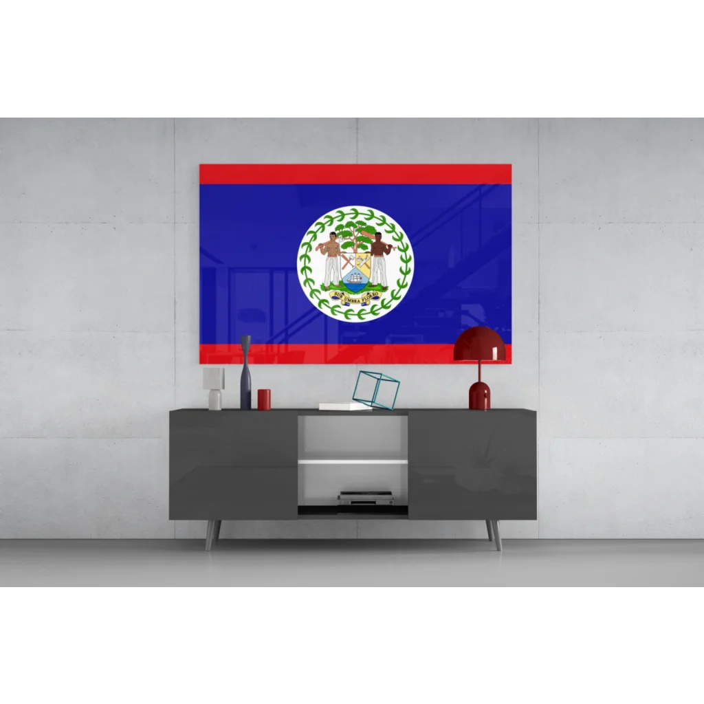 Stunning Belize Flag Glass Wall Art on Vibrant Blue Canvas | Modern Wall Art Decor | vintageantiquesgifts.com