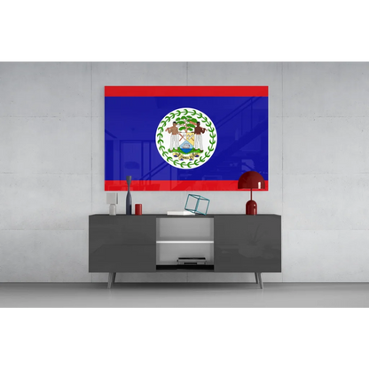 Stunning Belize Flag Glass Wall Art on Vibrant Blue Canvas | Modern Wall Art Decor | vintageantiquesgifts.com