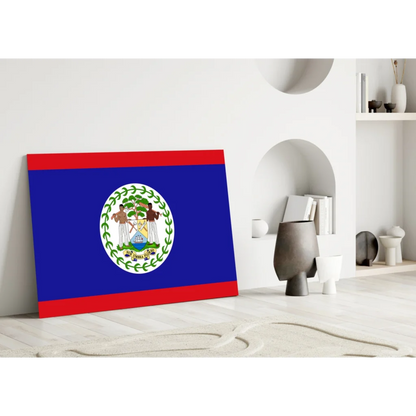 Vibrant Belize flag glass wall art on blue canvas print
