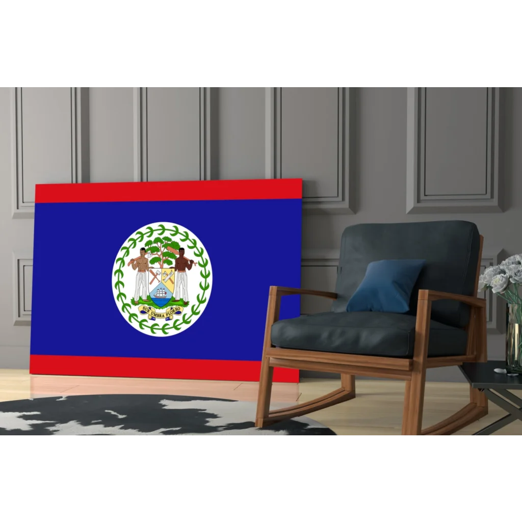 Vibrant Belize flag glass wall art on blue canvas with emblem