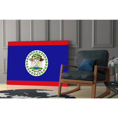 Vibrant Belize flag glass wall art on blue canvas with emblem