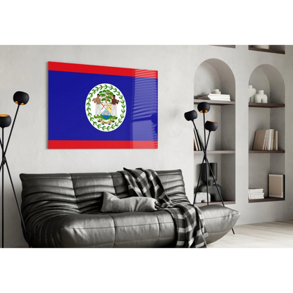 Stunning Belize Flag Glass Wall Art on Vibrant Blue Canvas | Contemporary Home Wall Art | vintageantiquesgifts.com
