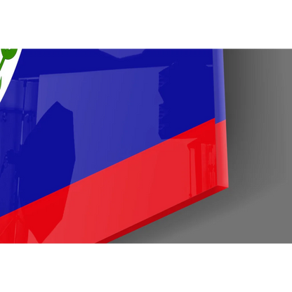 Glossy Belize flag glass wall art on blue canvas with red sign