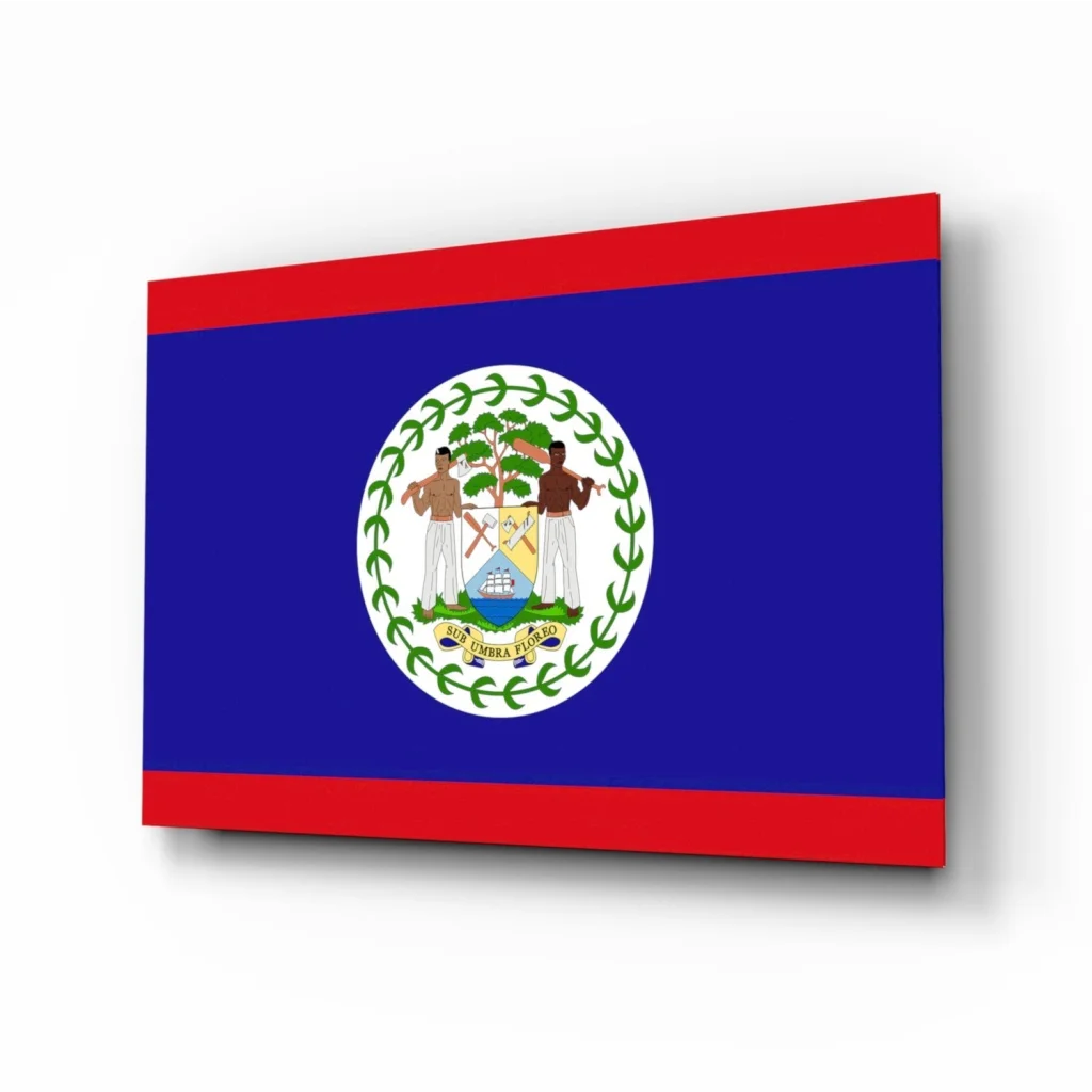 Stunning Belize Flag Glass Wall Art on Vibrant Blue Canvas | Insigneart USA | vintageantiquesgifts.com