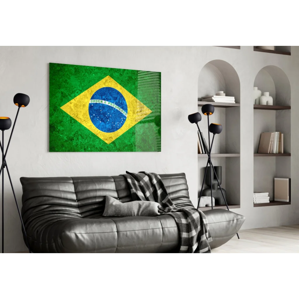 Distressed Brazilian flag wall art canvas in green and yellow above gray sofa