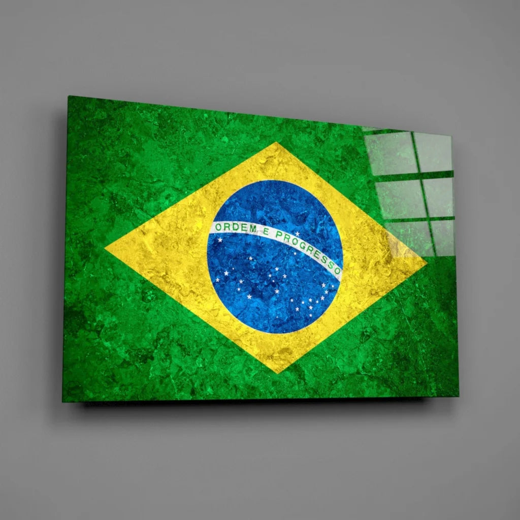 Vintage Brazilian flag canvas wall art with distressed texture