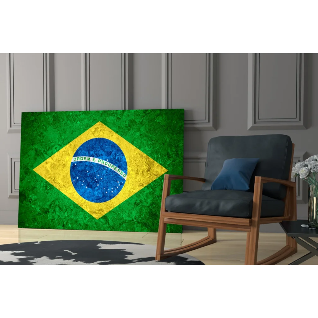 Vintage distressed Brazilian flag canvas wall art in green, yellow, blue