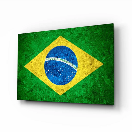 Vintage Brazilian flag wall art on distressed textured canvas