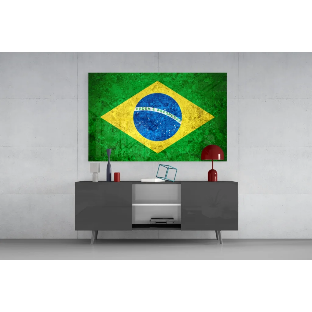 Vintage Brazilian flag wall art canvas with textured green yellow blue