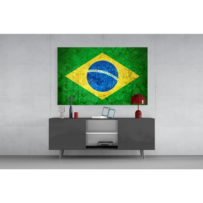 Vintage Brazilian flag wall art canvas with textured green yellow blue