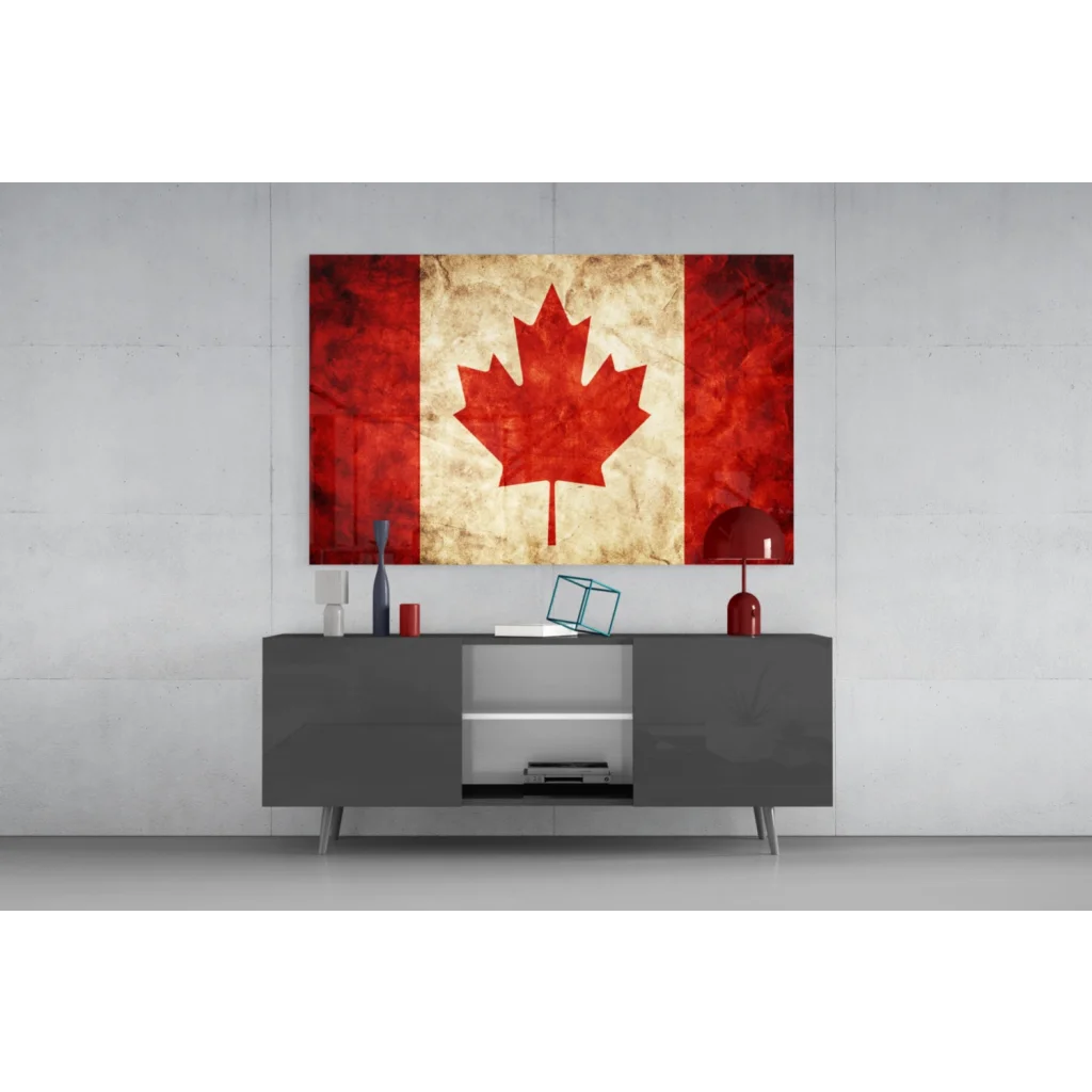 Vintage Canadian flag canvas wall art with distressed maple leaf