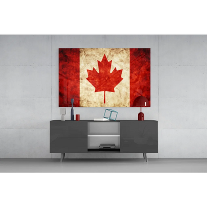 Vintage Canadian flag canvas wall art with distressed maple leaf