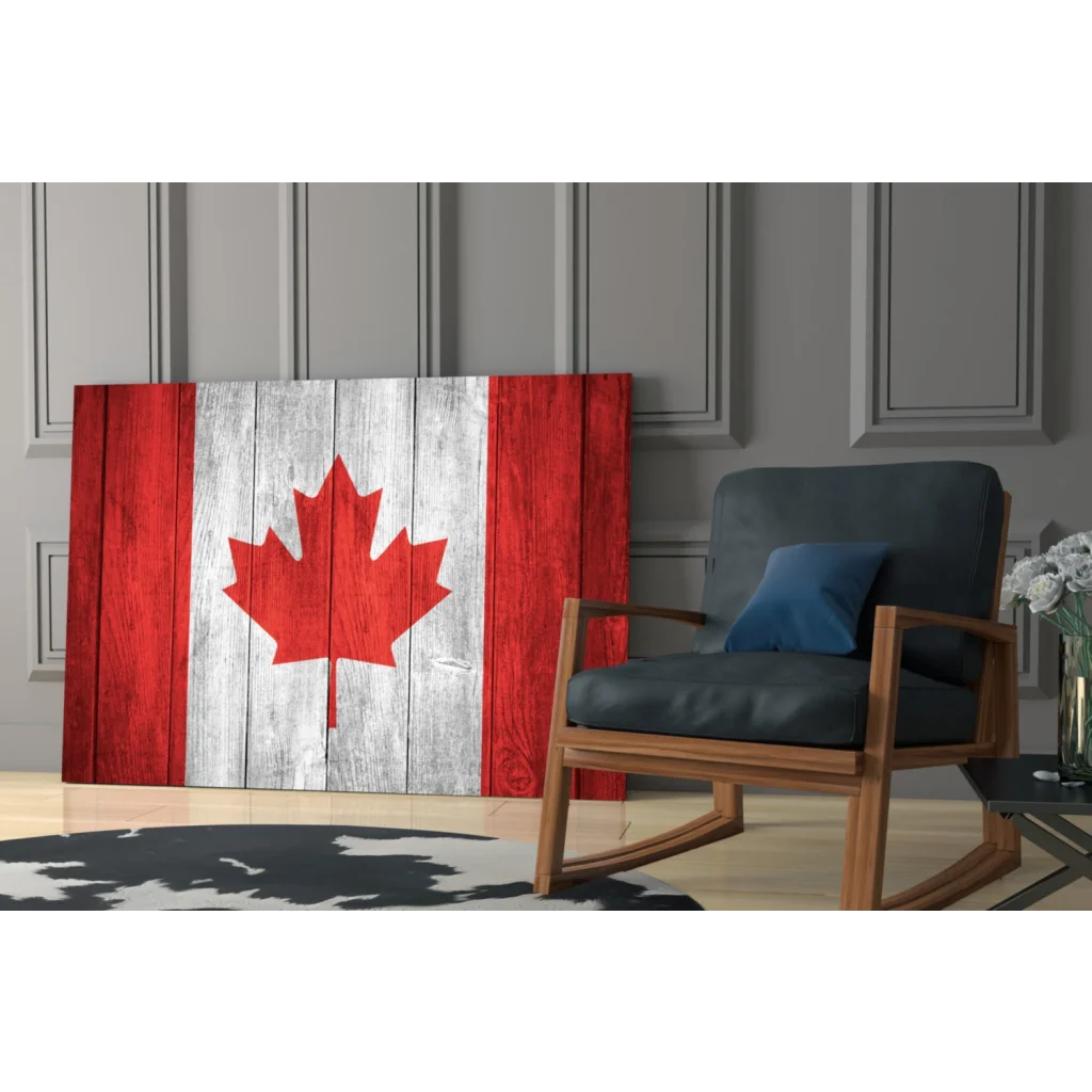 Rustic Canadian flag wall art on red and white wooden panel canvas