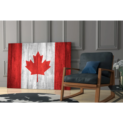 Rustic Canadian flag wall art on red and white wooden panel canvas