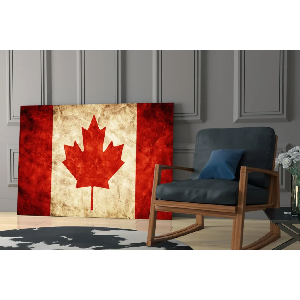 Vintage Canadian flag canvas wall art with distressed maple leaf