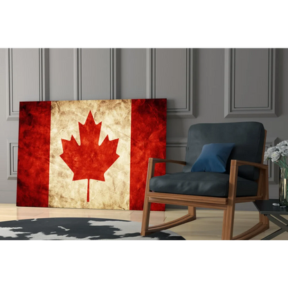 Vintage Canadian flag canvas wall art with distressed maple leaf