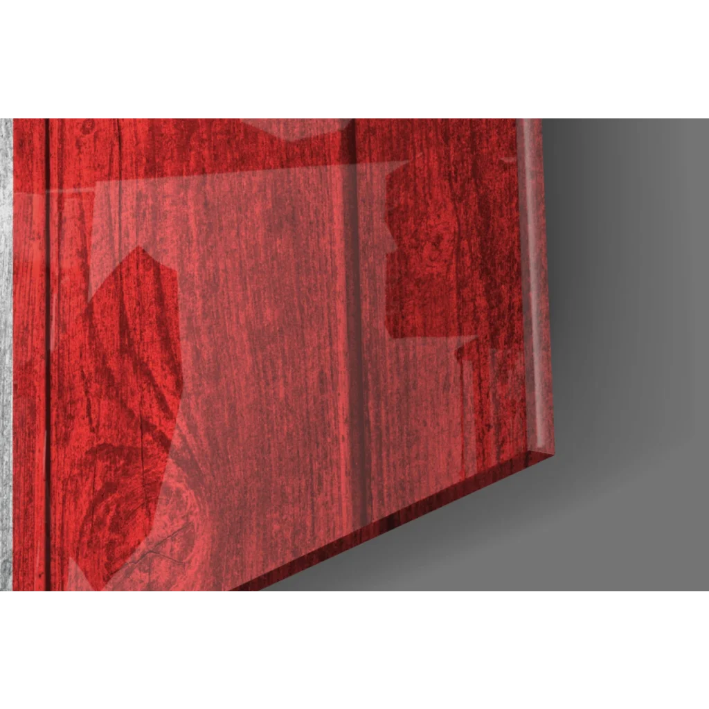 Red glossy wooden cabinet door with rustic Canadian flag wall art