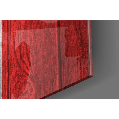 Red glossy wooden cabinet door with rustic Canadian flag wall art