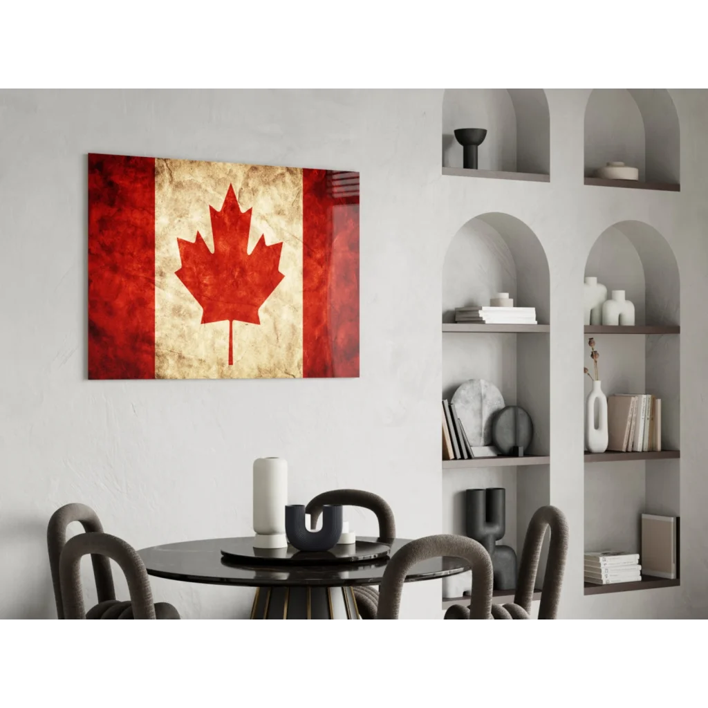 Vintage Canadian flag canvas wall art with distressed maple leaf on white wall