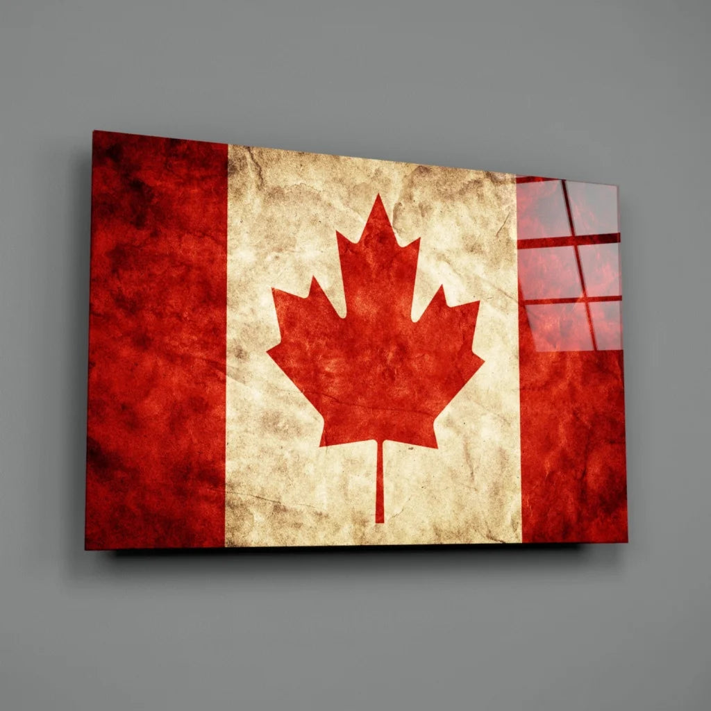 Vintage Canadian Flag Canvas Wall Art with Distressed Maple Leaf | Glass Wall Art Print | vintageantiquesgifts.com