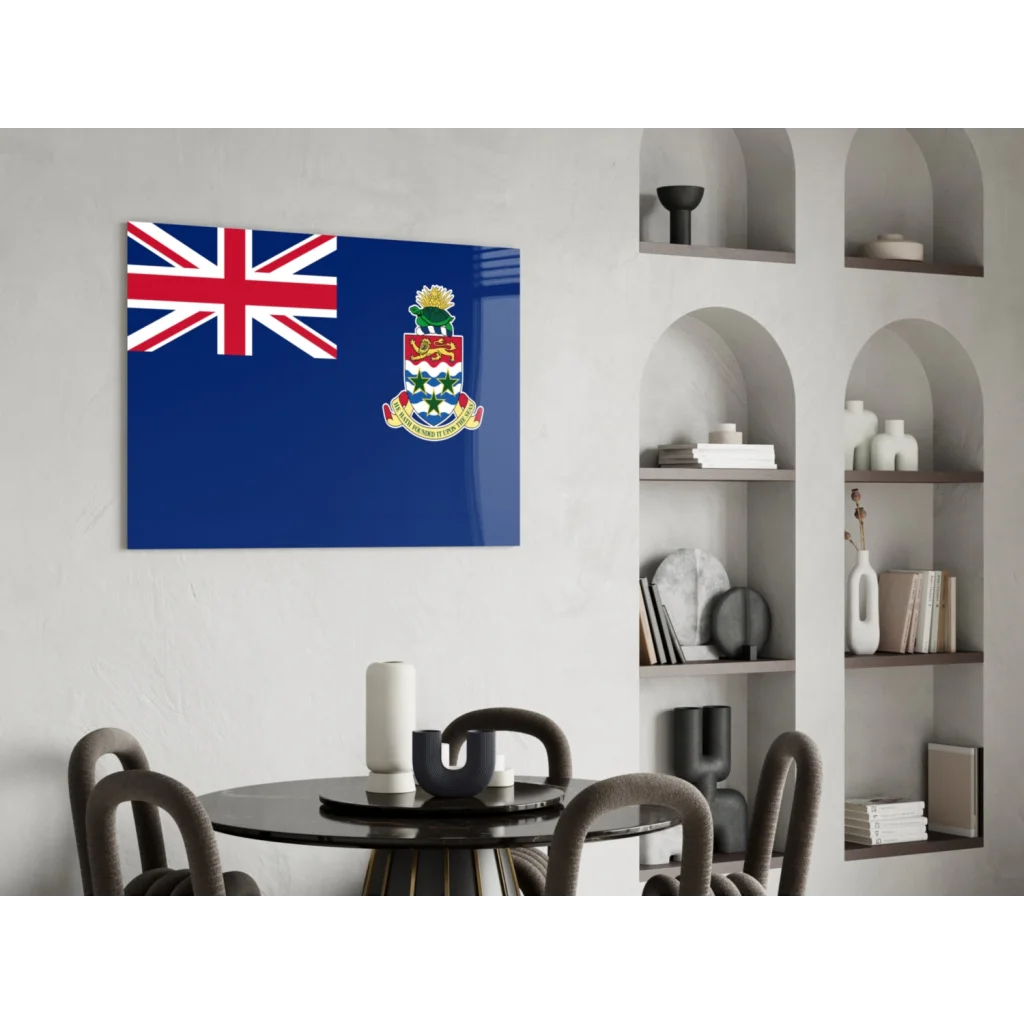 Stunning Cayman Islands flag insigne glass art print with glossy blue acrylic finish