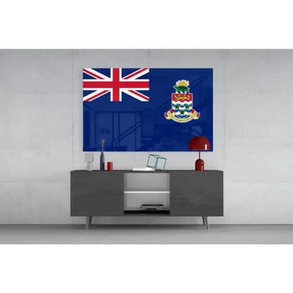 Glossy blue Saint Lucia flag insigne glass art print with union jack and coat of arms