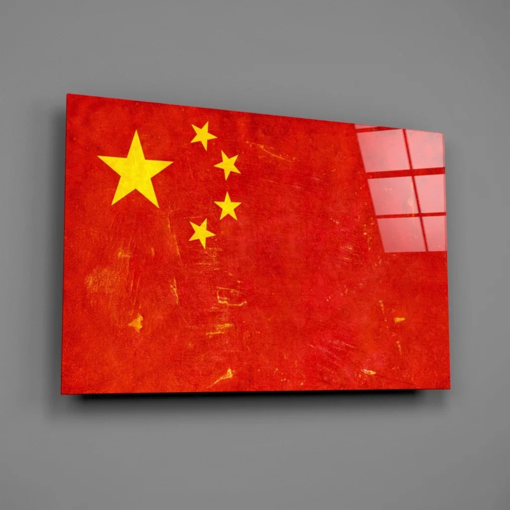 Distressed Chinese flag wall art canvas with bold red and yellow stars