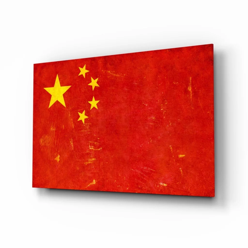 Chinese flag canvas wall art with bold red texture and yellow stars on white wall