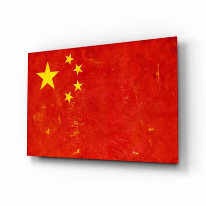 Chinese flag canvas wall art with bold red texture and yellow stars on white wall