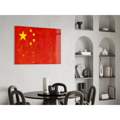 Glossy red Chinese flag canvas wall art with bold yellow stars on white wall