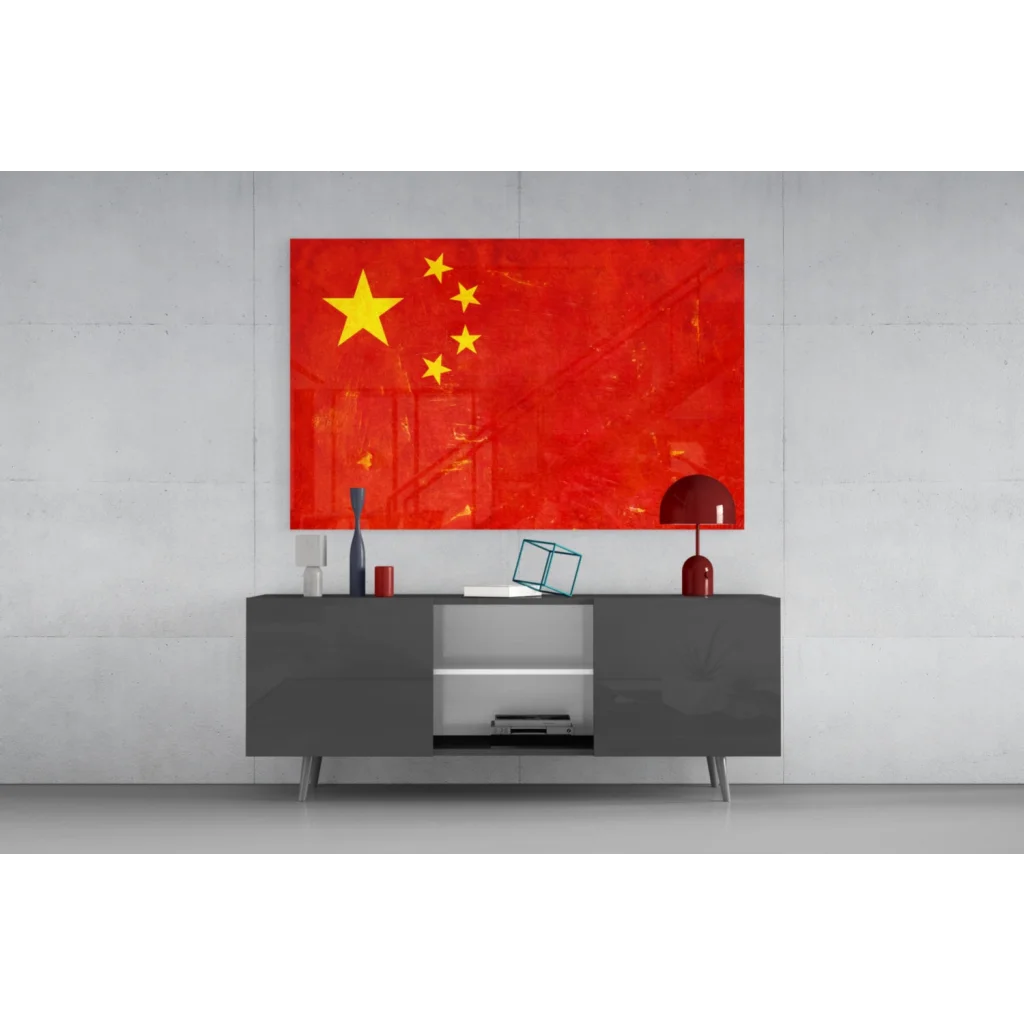 Vibrant Chinese flag glass wall art with bold red canvas and yellow stars