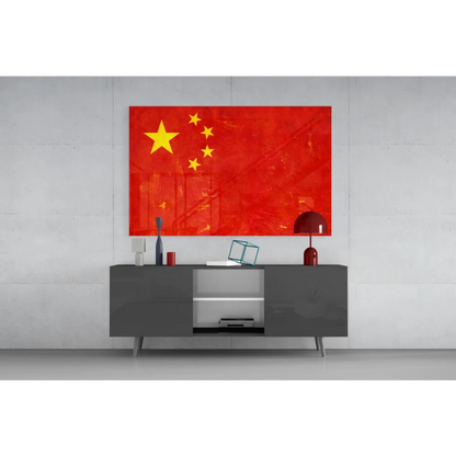 Vibrant Chinese flag glass wall art with bold red canvas and yellow stars